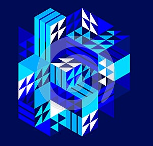 Dark blue vector abstract geometric background with cubes and different rhythmic shapes, isometric 3D abstraction art displaying