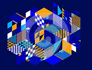 Dark blue vector abstract geometric background with cubes and different rhythmic shapes, isometric 3D abstraction art displaying