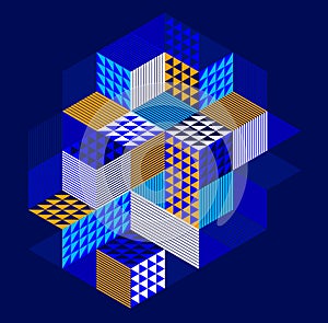 Dark blue vector abstract geometric background with cubes and different rhythmic shapes, isometric 3D abstraction art displaying