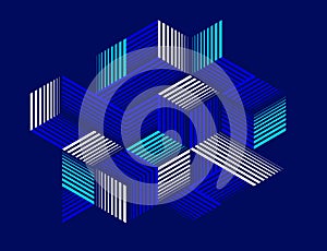 Dark blue vector abstract geometric background with cubes and different rhythmic shapes, isometric 3D abstraction art displaying