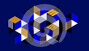 Dark blue vector abstract geometric background with cubes and different rhythmic shapes, isometric 3D abstraction art displaying