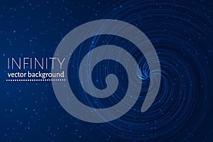 Dark blue wavy space background. Glowing spiral cosmic banner. Infinity vector illustration. Easy to edit design template