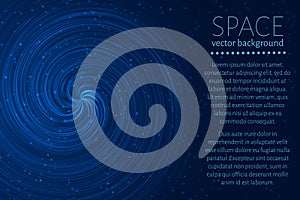 Dark blue wavy space background. Glowing spiral cosmic banner with sample text . Futuristic vector illustration. Easy to edit