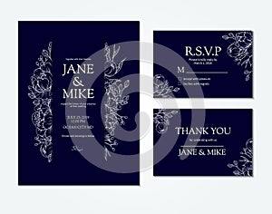 Dark blue wedding invitation card template with vector peony and roses.