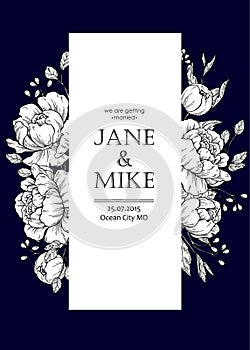 Dark blue wedding invitation card template with vector peony and roses.