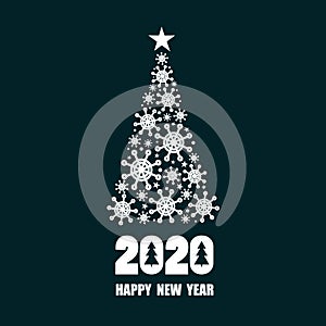 Dark blue and white background with 2020, christmas fir tree, english text. Happy New Year, festive greeting card