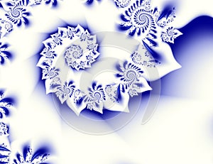 Dark blue white contrast abstract fractal art. Shiny background illustration with beautiful leafy or petal structures and spirals.