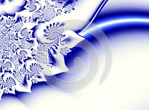 Dark blue white contrast abstract fractal art. Shiny background illustration with beautiful leafy or petal structures and spirals.