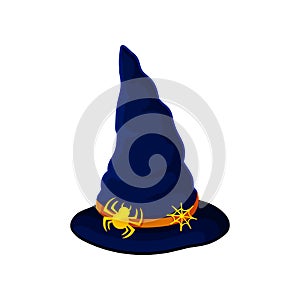 Dark blue wizard hat with gold ribbon. Vector illustration on white background.