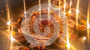 Dark And Blurry Diwali Night, Beautiful Rangoli And Diya Lamps.