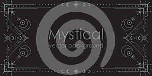 Dark boho background with a copy space. Mystical backdrop with an ornate geometric frame, outline crescents, linear stars and moon