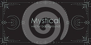 Dark boho background with a copy space. Mystical poster with an ornate geometric frame, outline crescents, linear stars and moon