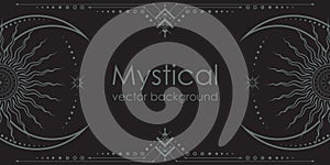 Dark boho background with a copy space. Mystical poster with an ornate geometric frame, outline crescents and linear sun