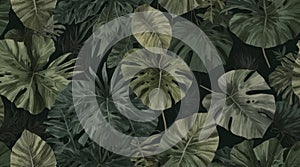 Dark botanical background from green big smooth leaves, green tropical. Generative AI