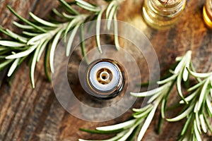 A dark bottle of aromatherapy essential oil with fresh rosemary plant, top view