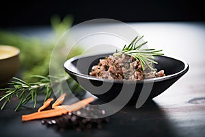 dark bowl of tapenade on slate with rosemary sprig