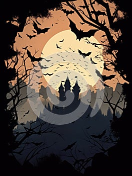 Dark branches stretching skyward a looming castle nestled deep in the forest a flock of bats flying in the distance