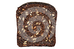 Dark bread slice with sunflower seeds, isolated on white