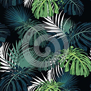 Dark and bright tropical leaves with jungle plants. Seamless vector tropical pattern with green palm and monstera photo