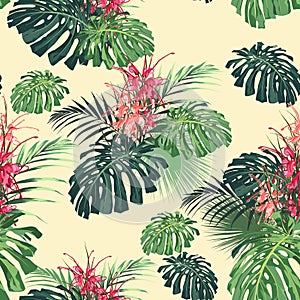 Dark and bright tropical leaves with jungle plants. Seamless vector tropical pattern with green palm and monstera