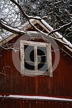 Dark broken window on an old wooden building