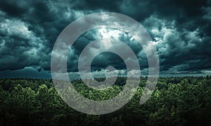 Dark and brooding clouds gathering over a dense forest
