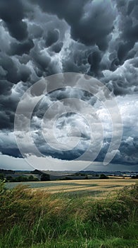 Dark, brooding thunderstorm clouds gather above a lush farmland, evoking the intensity of an impending storm.