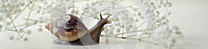 Dark brown Achatin with a spiral shell crawls among beautiful white flowers on a bright clear day. Extreme closeup macro healing