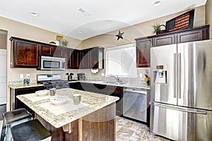 Dark brown cabinets with granite tops. Kitchen room interior