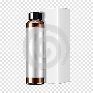 Dark brown clear cylindrical bottle with black screw cap and white blank carton mockup. Cosmetic product with paper box packaging