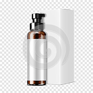 Dark brown clear pump dispenser cosmetic bottle with white blank label and carton packaging mockup. Cosmetic product mockup