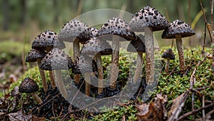 Dark brown Coprinopsis atramentaria mushrooms melting into black ink in forest photo