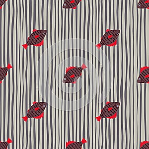 Dark brown fish with red details seamless pattern. Stripped monochrome background with black and white lines