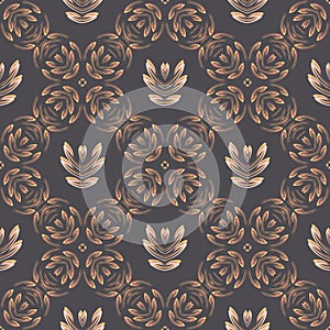 Dark brown floral daisy background. Seamless retro damask vector pattern. Stylized drawn vintage flower texture