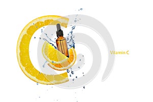 Dark brown glass bottle of face serum with vitamin C or essential  oil and orange slices  flying in splashing water  isolated