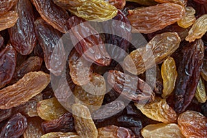 Dark brown and golden raisins background