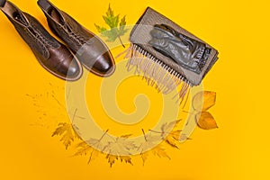 Dark Brown Grain Brogue Derby Boots Made of Calf Leather with Rubber Sole Placed With Yellow Maple Leaves And Scarf With Gloves