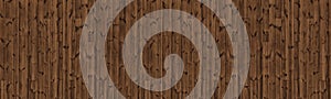 Dark brown knotty wooden board wide panoramic texture. Rough old shabby natural wood plank rustic background