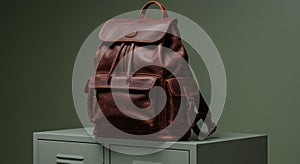 Dark Brown Leather Backpack on Green Background