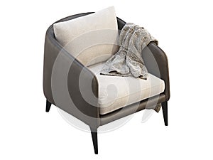 Dark brown leather chair with light cushion. 3d render