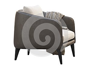 Dark brown leather chair with light cushion. 3d render