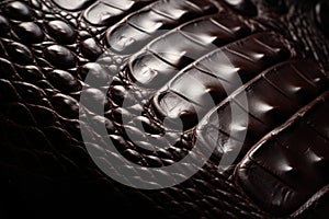 Dark brown leather texture with embossed crocodile pattern and glossy finish