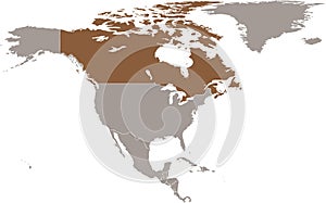 Dark brown map of CANADA inside light brown map of the North American continent