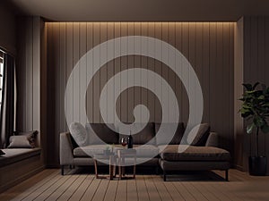Dark brown plank living room 3d render