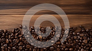 Dark brown roasted coffee beans beautifully scattered over an old brown wooden floor with copy space