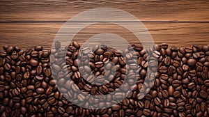 Dark brown roasted coffee beans beautifully scattered over an old brown wooden floor with copy space