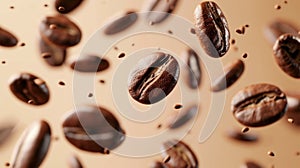 Dark brown roasted coffee beans falling. Concept for coffee product advertising