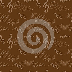 Dark brown seamless pattern with music notes - vector background