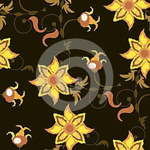 Dark brown seamless pattern with yellow flowers