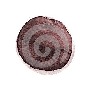 Dark brown, sepia, chocolate round watercolor stain isolated on white background with realistic paper texture